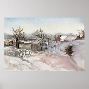 Poster Village d'hiver Paysage Aquarelle Imprimer l'affic