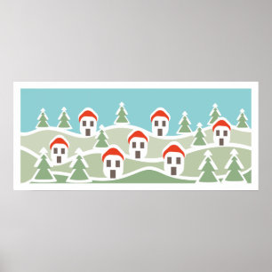 Poster Village d'hiver, toit rouge maisons personnalisé P