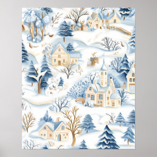Poster Village enneigé charmant avec animaux de la forêt