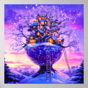 Poster Village enneigé de fantaisie hivernale