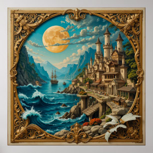 Poster Village Fantastique de la Pleine Lune Dorée sur la
