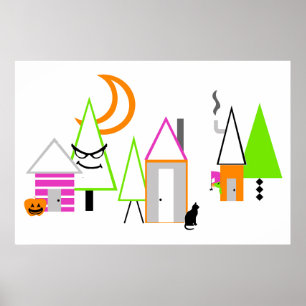 Poster village Halloween sur mesure noir orange violet