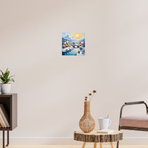 Poster Village hivernal enneigé sous un soleil doré