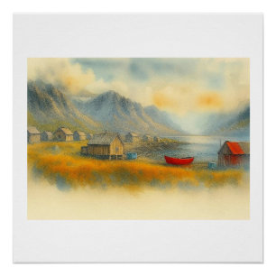 Poster Village labradorien avec bateau rouge,
