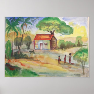 Poster Village Landscape Watercolor – Rural Wall Art