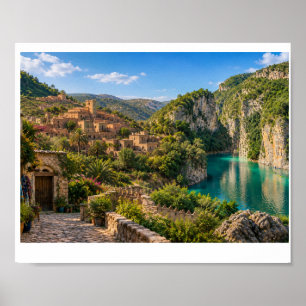 Poster Village méditerranéen et rivière turquoise Art Pri