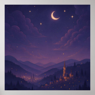 Poster Village nocturne magique au clair de lune