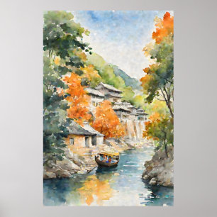 Poster Village riverain asiatique