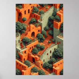 Poster Village surréaliste en terrasse avec arbres et esc