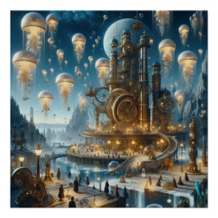 Poster Ville ancienne futuriste Steampunk avec méduses