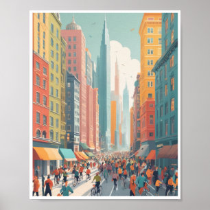 Poster Ville bourdonnante paysage bâtiments colorés rues