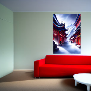 Poster Ville chinoise dans la montagne enneigée Art AI