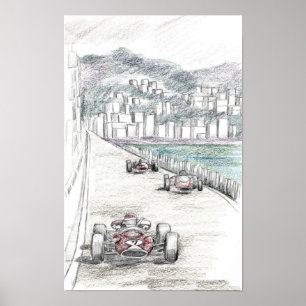 Poster Ville côtière de marina avec bâtiment de voiture d