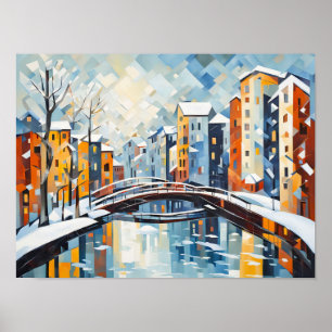 Poster Ville cubiste avec canal neigeux