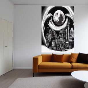 Poster Ville dans la nuit, lune dans le ciel AI Art Pos