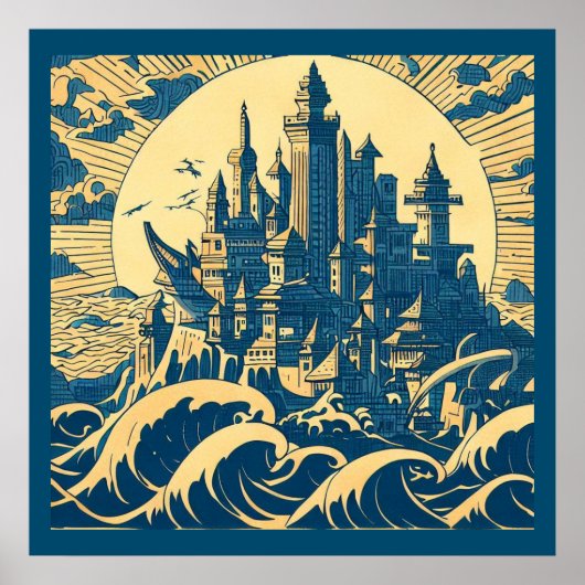 Poster Ville d'Atlantis 3 - Style Woodblock (Devant)