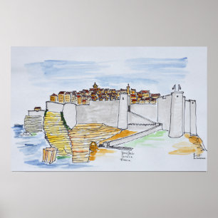 Poster Ville de Bonifacio à flanc de falaise Corse, Fra