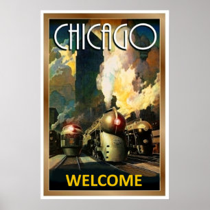 Poster Ville de Chicago, train à vapeur, voyage ferroviai