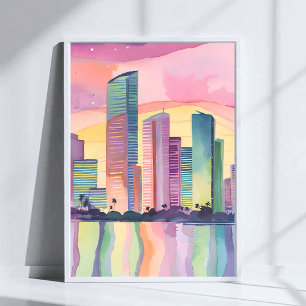 Poster Ville de couleur Miami Floride Aquarelle Skyline