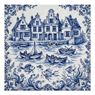 Poster Ville de Delft & Port de Pêche Bleu Cobalt Blanc