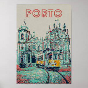 Poster Ville de Porto avec tramway illustration Portugal