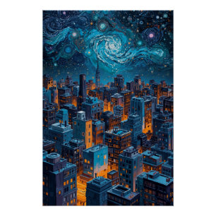 Poster Ville d'étoiles et de lumière – Paysage urbain noc