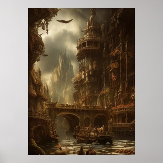 Poster Ville fantastique la rivière le pont les bâtiments (Devant)