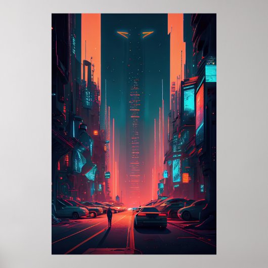 Poster Ville futuriste - Cyberpunk - Néon - Illustration (Devant)