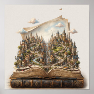 Poster Ville Miniature à l'Intérieur d'un Livre Ouvert –