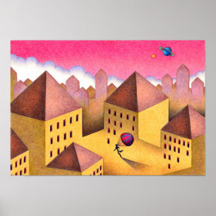 Poster Ville mystérieuse baignée dans le crépuscule.