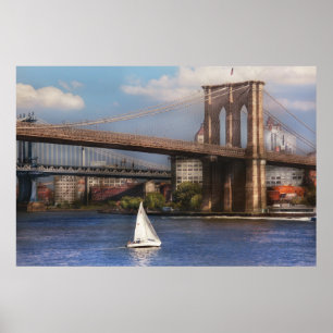 Poster Ville - NY - navigation sous le pont de Brooklyn