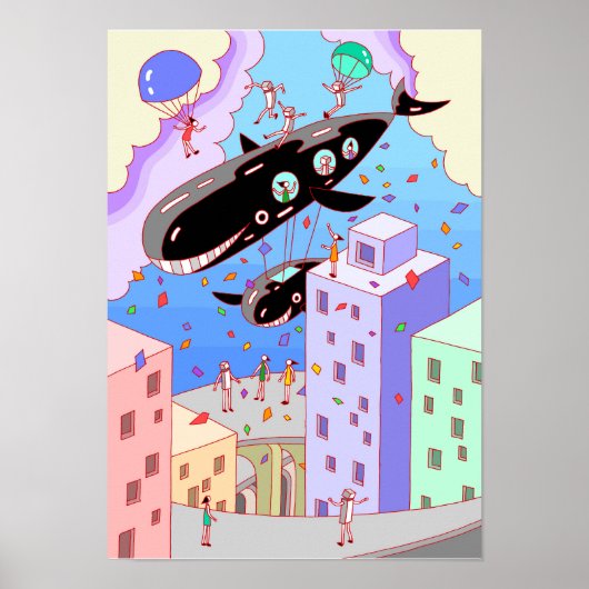 Poster Ville où se déplace le dirigeable baleine. (Devant)