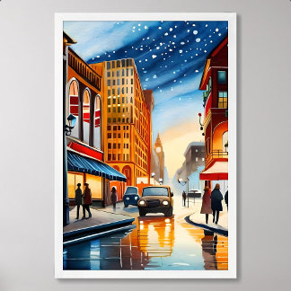 Poster ville peinture coloré nuit lumière neige d'hiver v