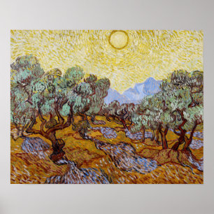 Poster Vincent van Gogh - Oliviers, ciel jaune et soleil