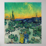 Poster Vincent van Gogh - Paysage Lune avec couple<br><div class="desc">Paysage de la Lune / Couple Walking parmi les oliviers dans un paysage montagneux avec Crescent Moon - Vincent van Gogh,  Huile sur toile,  1890</div>