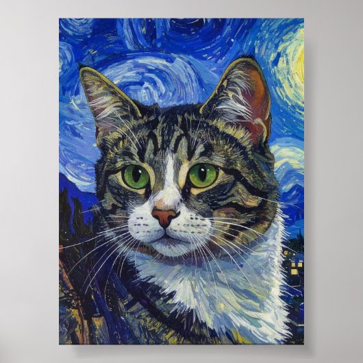 Poster Vincent Van Gogh Starry Night Cat Portrait (Devant)