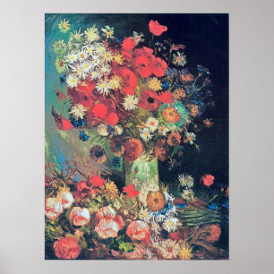 Poster Vincent van Gogh - vase avec des pavots, bleuets,