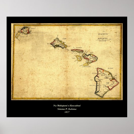 Poster Vintage 1837 Hawaii Map - Hawaiian (Devant)