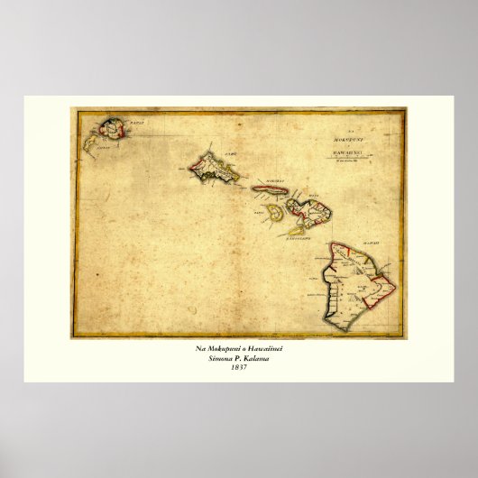 Poster Vintage 1837 Hawaii Map - Hawaiian (Devant)