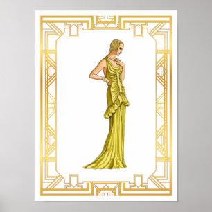 Poster Vintage 1930s Fashion Gold Hollywood Gown Art