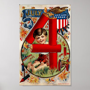 Poster Vintage 4 juillet Garçon avec Fireworks Imprimer