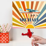 Poster Vintage Airplane Cessna Retro Sunset Custom<br><div class="desc">Vintage style Airplane of a Cessna 172 with bright soft colors (light sky blue, warm orange and soft cream) on a Retro Sunset background. Personalize it with a name (change font color, if desired). Makes a great birthday present for a little aviator or aviation enthusiast. NOTE: Resizing the poster might...</div>