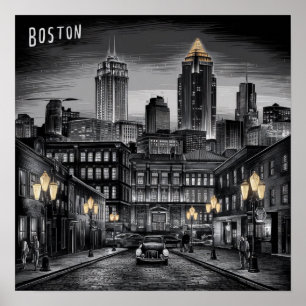 Poster Vintage America Skyline de la ville de Boston, Bos