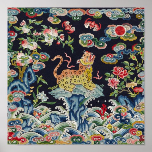 Poster vintage antique léopard fleurs broderie textile (Devant)