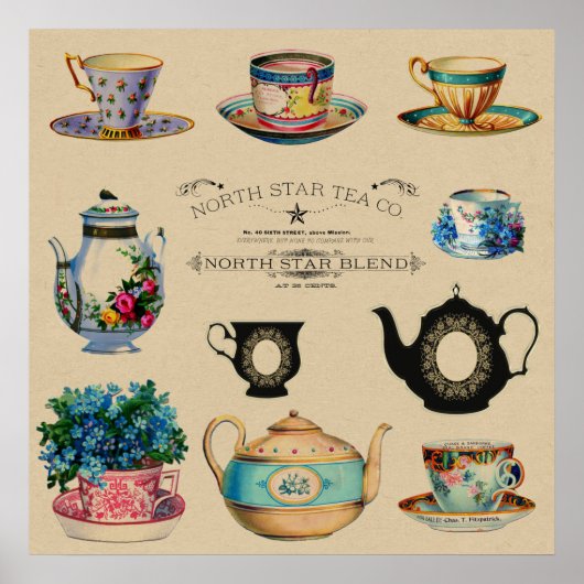 Poster Vintage Antique Teacup Floral (Devant)