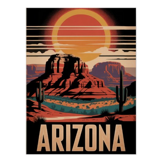 Poster Vintage Arizona Desert Sunset Cactus Landscape (Devant)