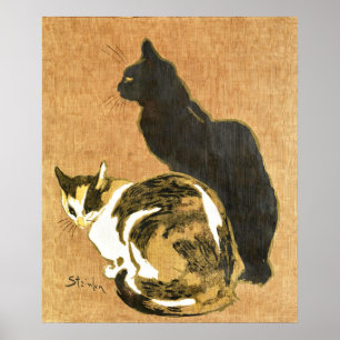 Poster Vintage Art Nouveau Chats Couple, Noir & Calico