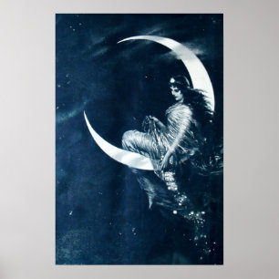 Poster Vintage Art Nouveau Woman on Crescent Moon
