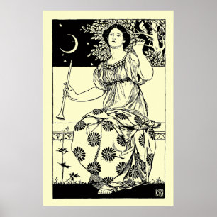 Poster Vintage Art Nouveau Woman With Clarinet and Moon