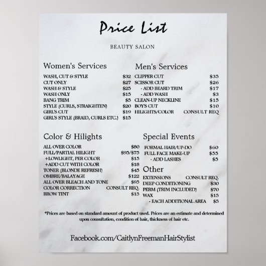 Poster Vintage Beauty Salon Price List (Devant)